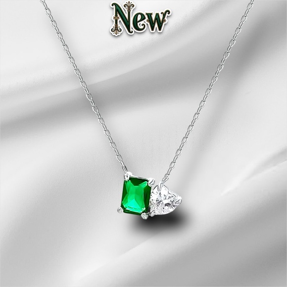 Exclusively Fancy Jewelry - New Vintage Silver Emerald Crystal Zircon Charm Heart Pendant Necklace